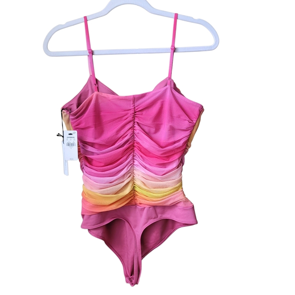 $64 Express Body Contour Ruched Ombre Mesh V-Neck Bodysuit Coquette Fairy Barbie - Picture 4 of 16